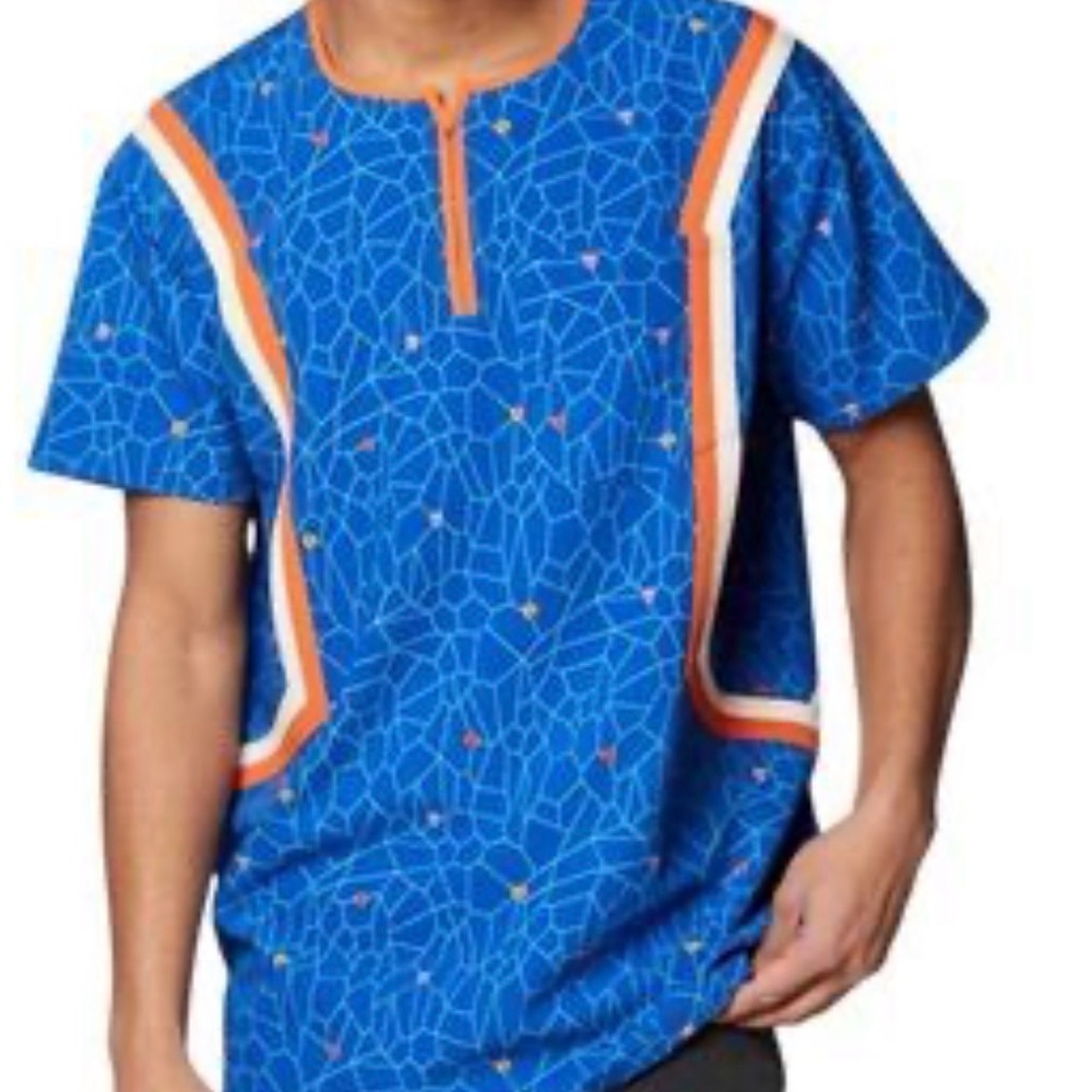 Marvel Blue Geometric Patterned Top with Orange Accents NWOT